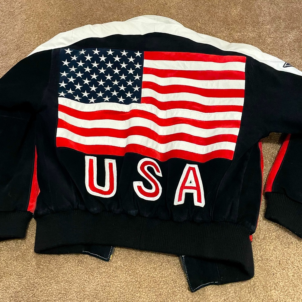SPECTACULAR “PELLE CUIR” USA AMERICAN FLAG LEATHER & SUEDE VINTAGE JACKET SIZE S